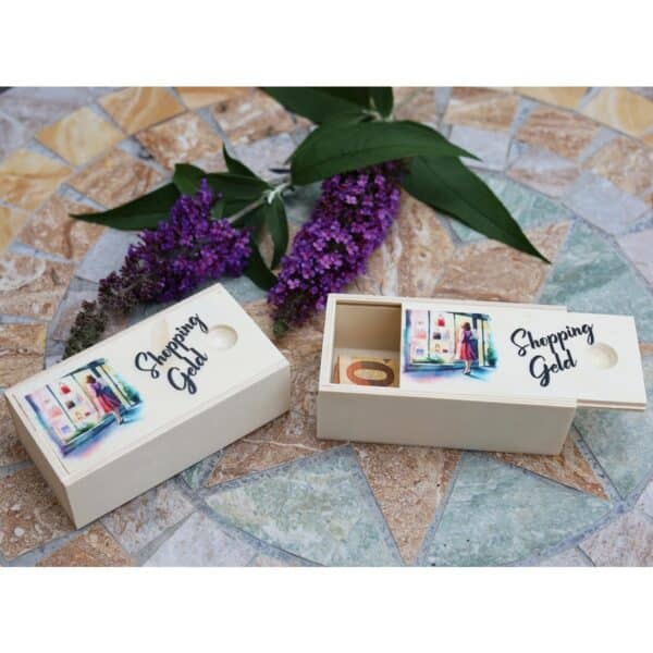 Holzbox mit Schiebedeckel für kleine Geschenke - Shopping Geld
