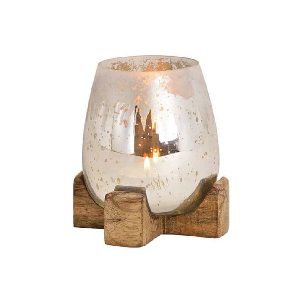 Windlicht aus Glas Champagner auf Mangoholz