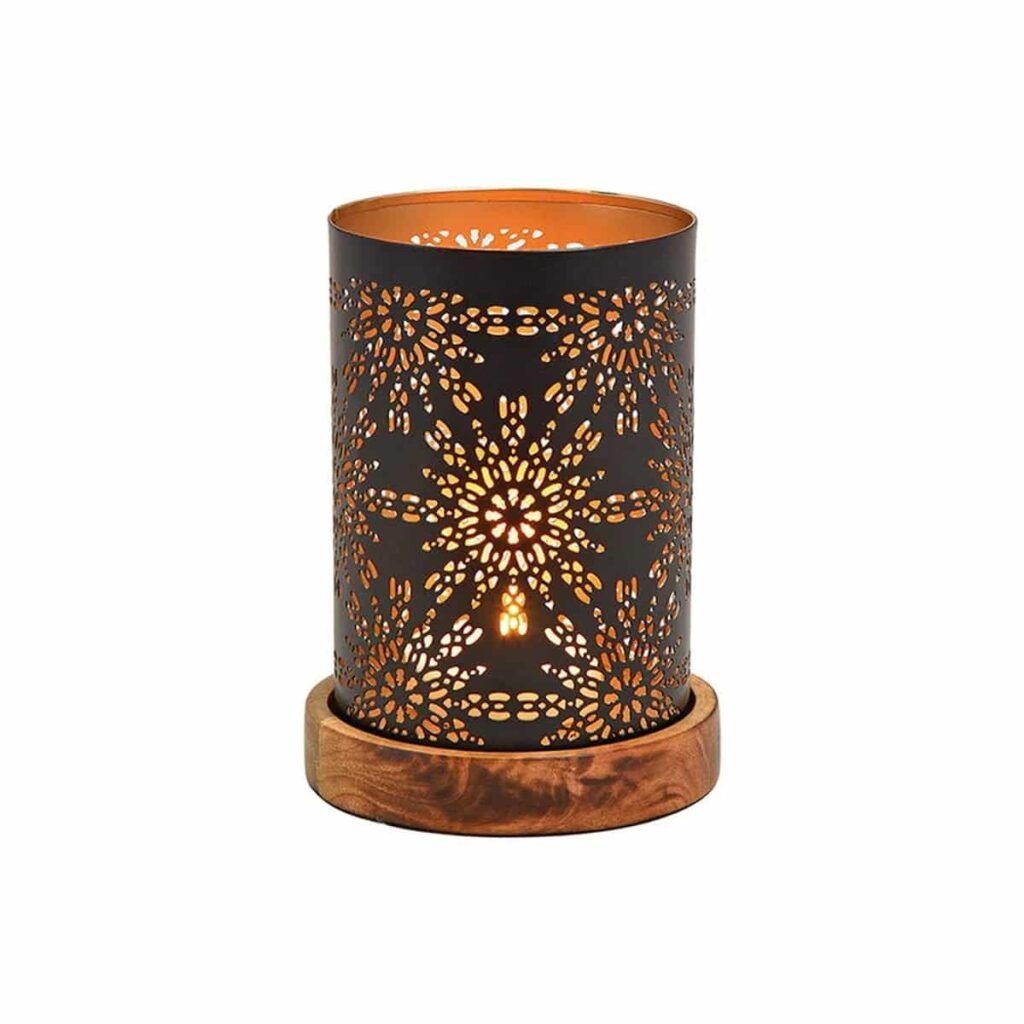 Windlicht auf Holzsockel Blumen Dekor aus Metall Schwarz