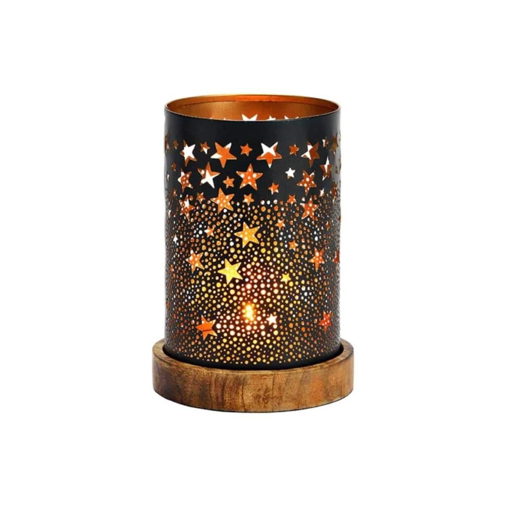 Windlicht aus Metall Sterne auf Mangoholzsockel