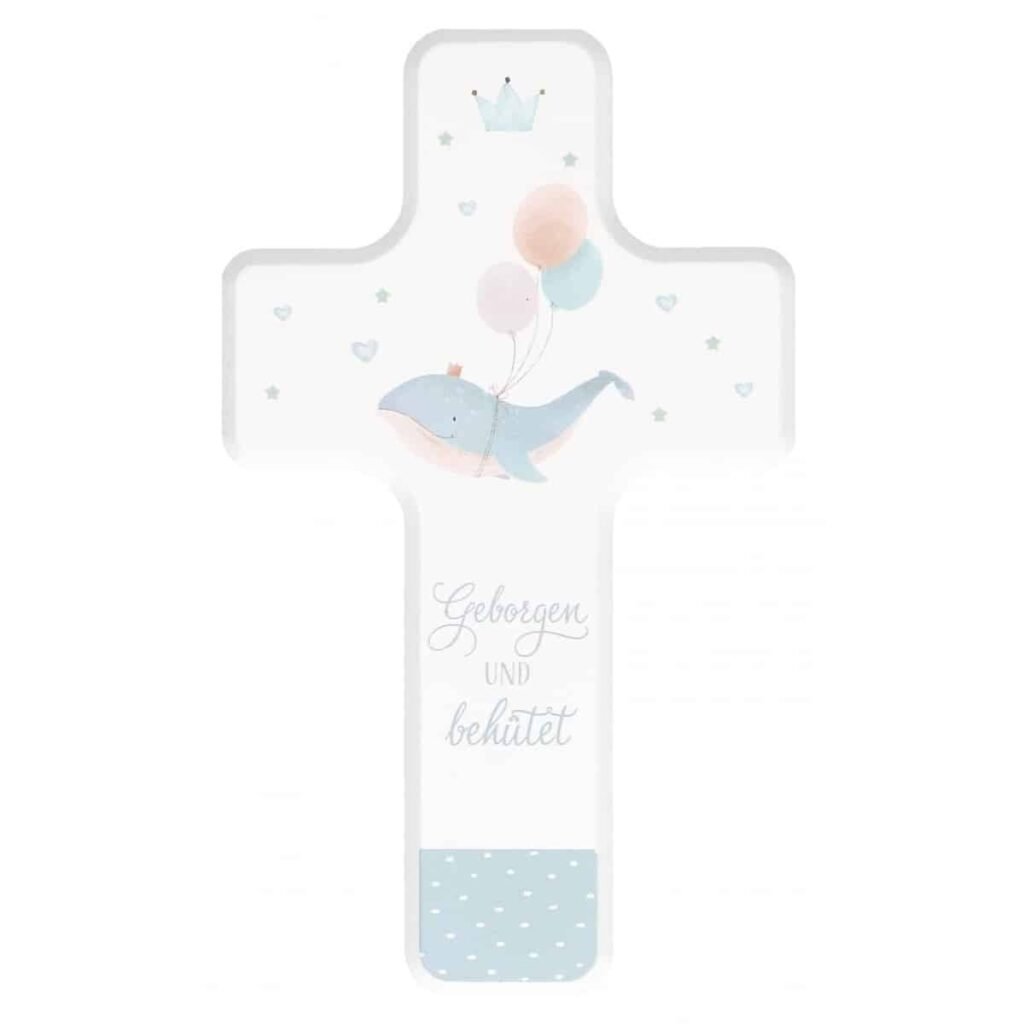 Kinderholzkreuz zur Taufe blau geborgen und behütet