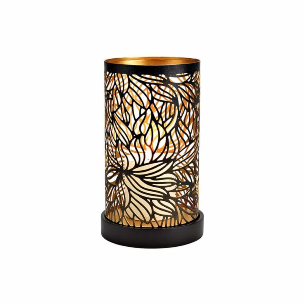 Windlicht Blumen Dekor auf Mangoholz Sockel aus Metall