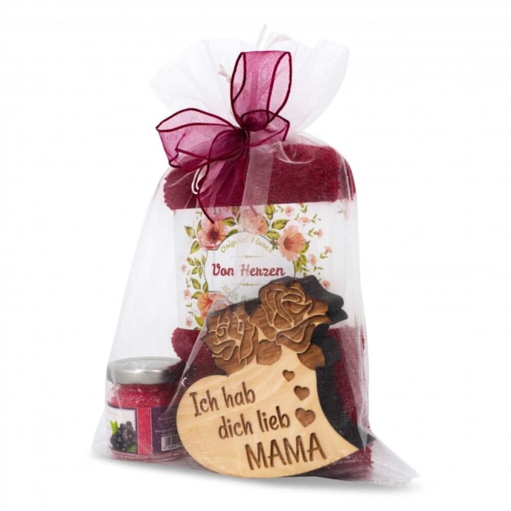 Geschenkset Mama Zirbenherz mit Handtuch Fuchsia