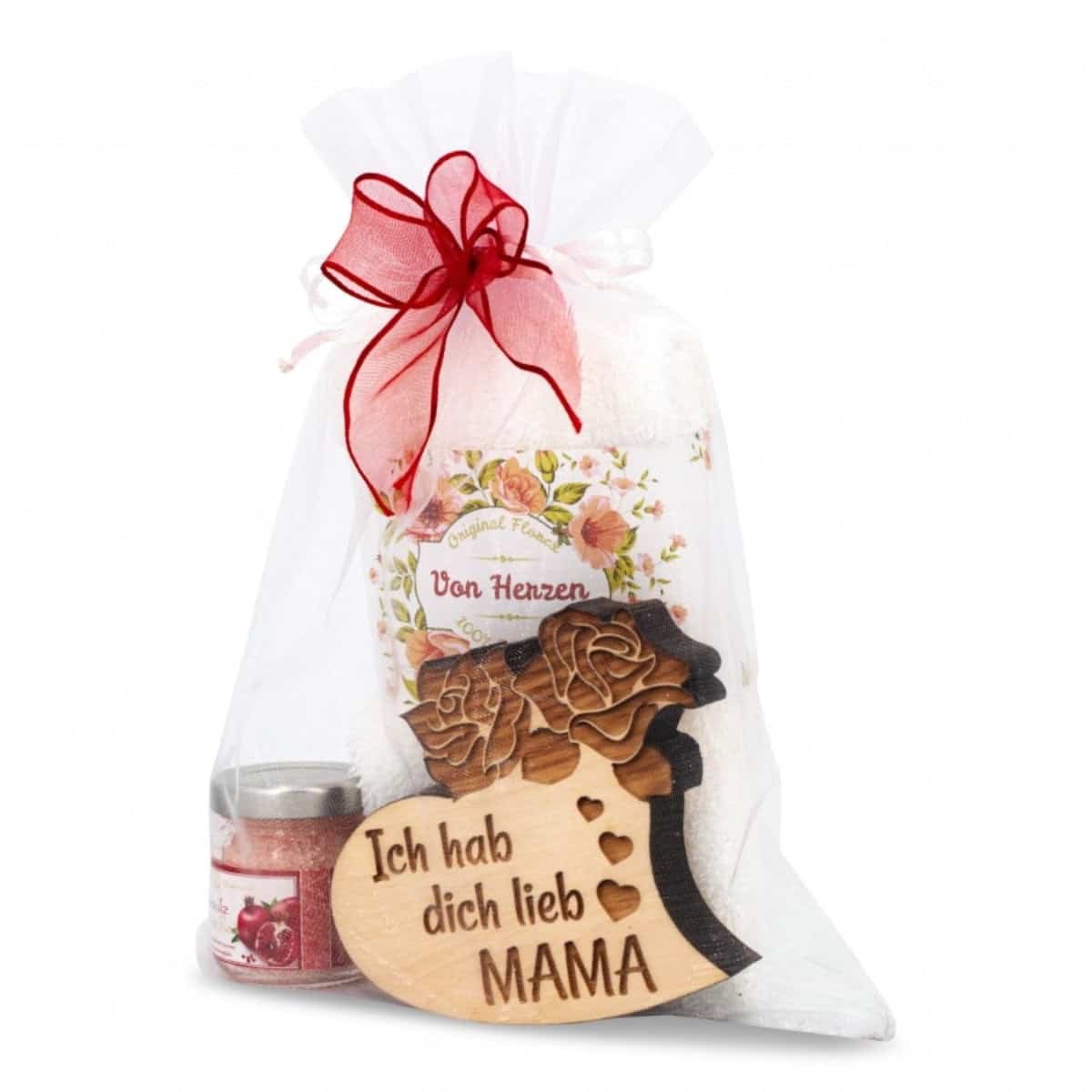 Geschenkset Mama Zirbenherz mit Handtuch weiß
