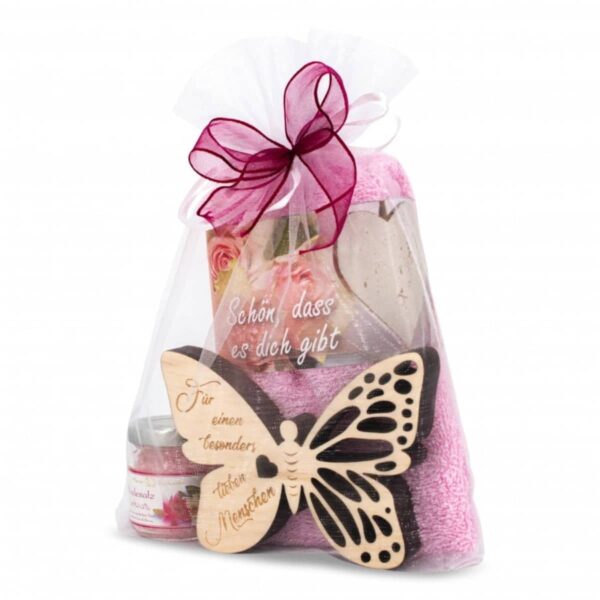 Geschenkset Schmetterling Zirbenholz Lieber Mensch rosa