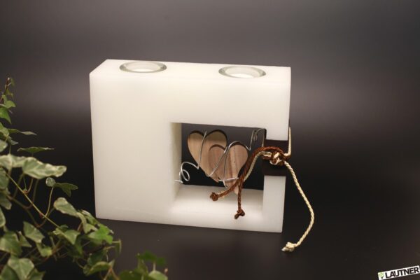 Premium Hochzeitskerze mit 2 Herzen im Quadrat und Teelichter 27 cm breit – Bild 4